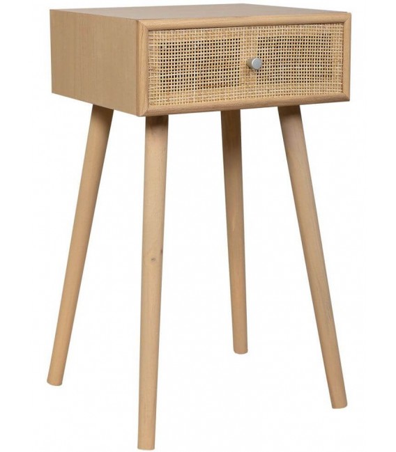 Mesita de noche pequeña con 1 cajón madera y ratán