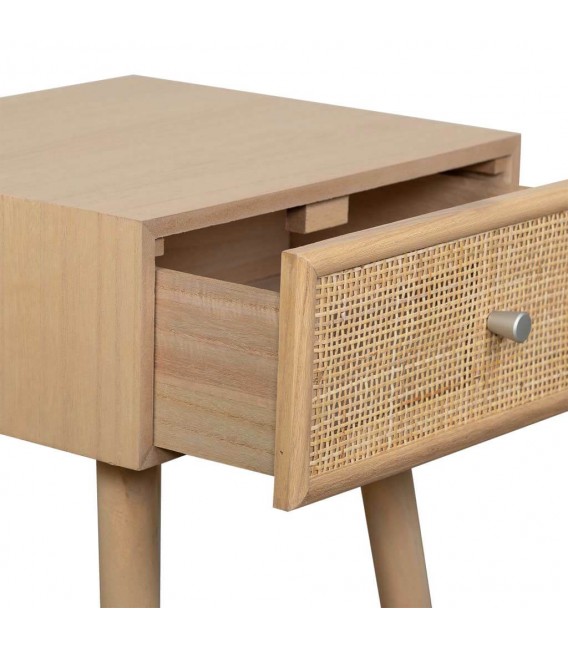 Mesita de noche pequeña con 1 cajón madera y ratán