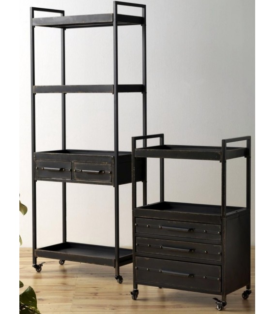 Estantería con ruedas estilo industrial,  metal negro envejecido