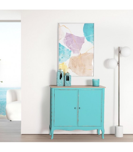 Taquillón madera natural y azul celeste rozado www.mdmhogar.com