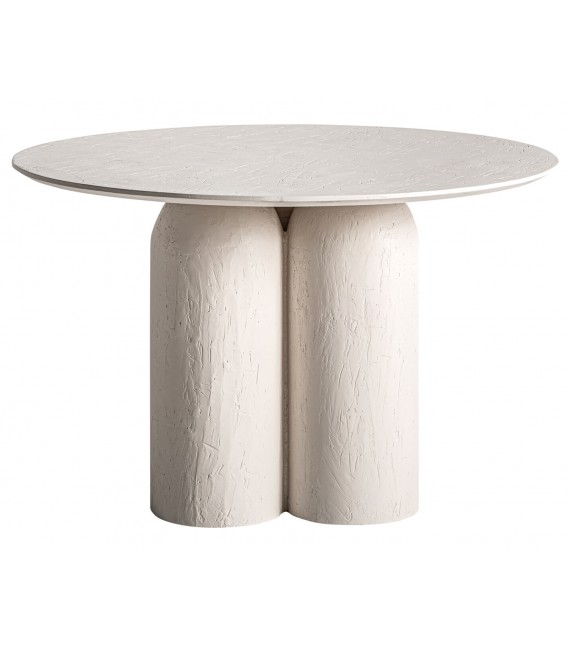 Mesa de comedor redonda, madera de mango pintada en blanco efecto yeso