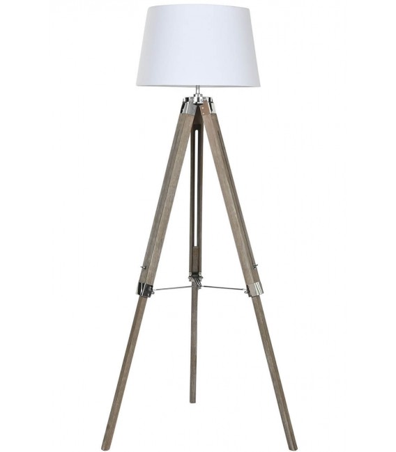 Lámpara de pie trípode madera natural pantalla blanca