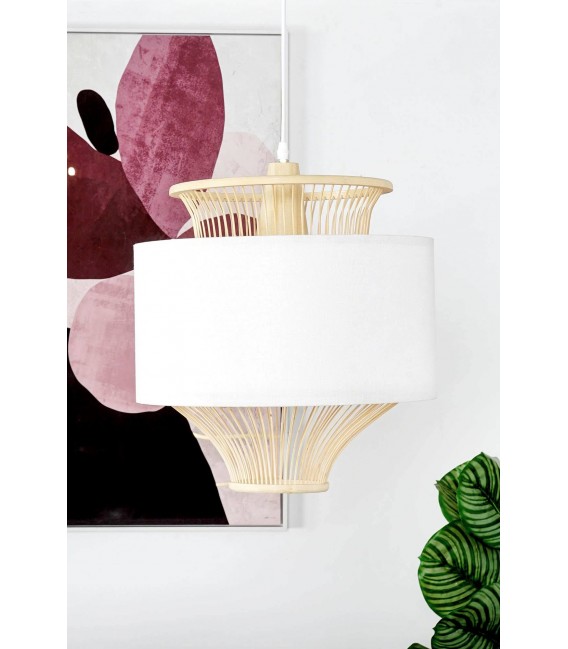 Lámpara de techo ratán y textil blanco estilo oriental