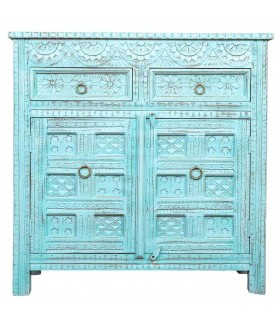 Taquillón o pequeño aparador madera de mango tallada decapada azul