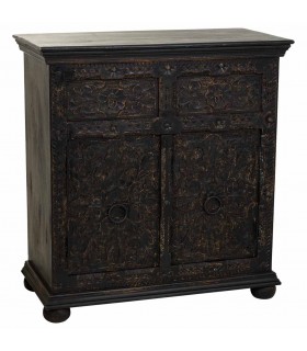 Taquillón o pequeño aparador madera de mango tallada decapada negro
