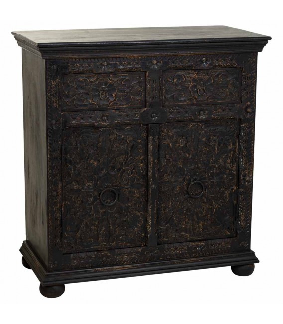 Taquillón o pequeño aparador madera de mango tallada decapada negro