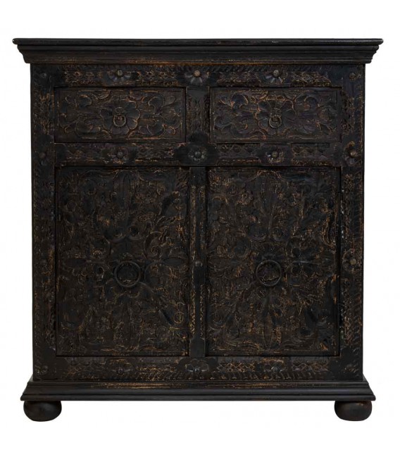 Taquillón o pequeño aparador madera de mango tallada decapada negro