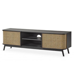 Mueble de TV madera de roble color negro ratán acabado natural.