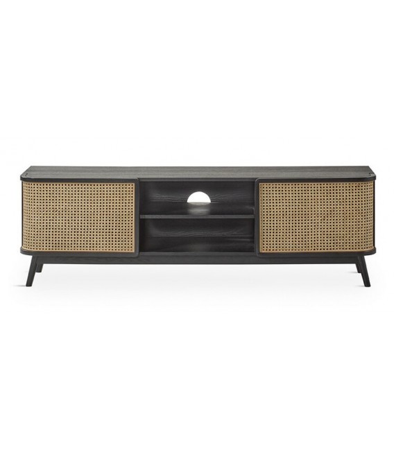 Mueble de TV madera de roble color negro ratán acabado natural.