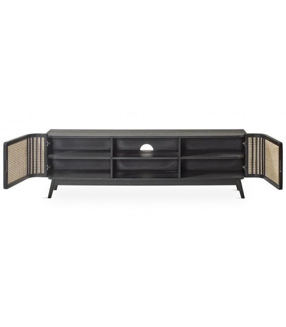 Mueble de TV madera de roble color negro ratán acabado natural.