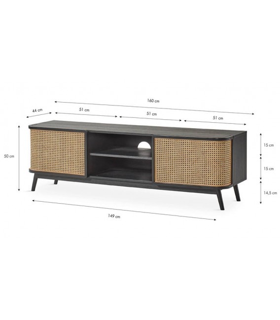 Mueble de TV madera de roble color negro ratán acabado natural.
