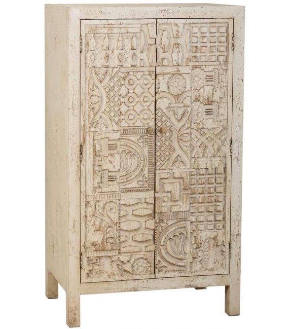 Armario bajo estilo étnico madera de mango tallado decapado crema,