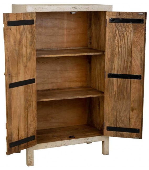 Armario bajo estilo étnico madera de mango tallado decapado crema,