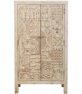 Armario bajo estilo étnico madera de mango tallado decapado crema,