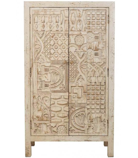 Armario bajo estilo étnico madera de mango tallado decapado crema,