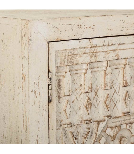 Armario bajo estilo étnico madera de mango tallado decapado crema,