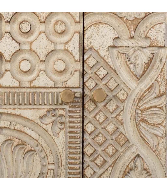 Armario bajo estilo étnico madera de mango tallado decapado crema,