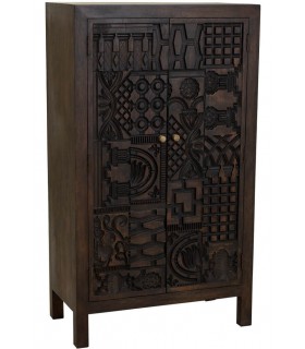 Armario bajo estilo étnico madera de mango tallado a mano color nogal