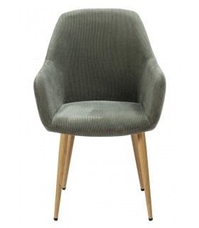 Sillón de comedor pana color verde patas metal imitando roble natural