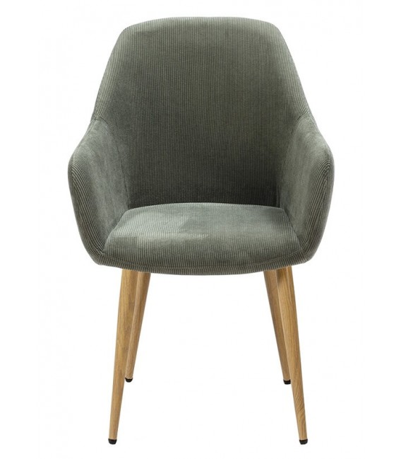 Sillón de comedor pana color verde patas metal imitando roble natural