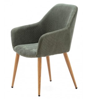 Sillón de comedor pana color verde patas metal imitando roble natural