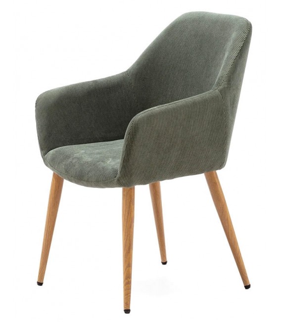 Sillón de comedor pana color verde patas metal imitando roble natural