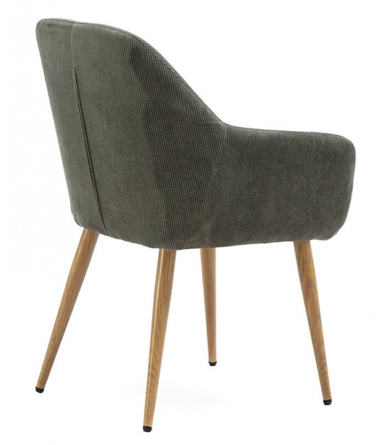 Sillón de comedor pana color verde patas metal imitando roble natural