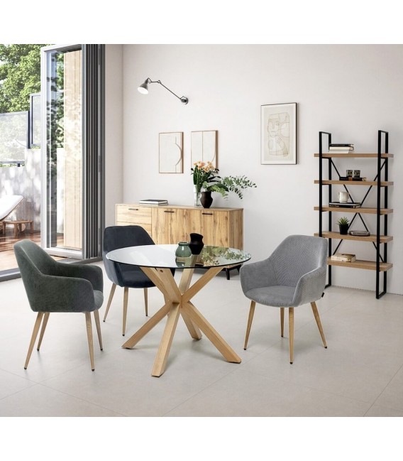 Sillón de comedor pana color verde patas metal imitando roble natural