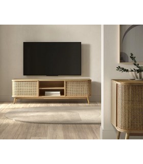 Mueble de TV madera de roble natural ratán natural.