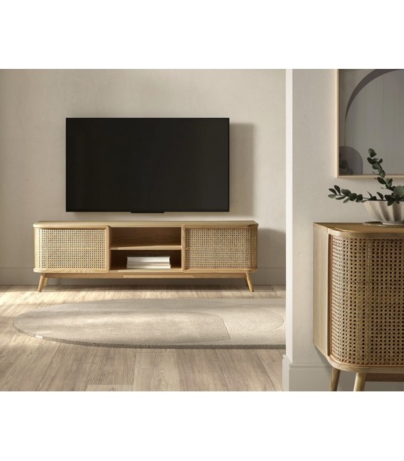 Mueble de TV madera de roble natural ratán natural.