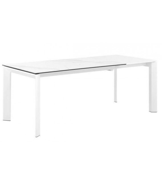 Mesa comedor rectangular extensible tapa en porcelánico mármol blanco