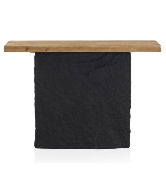 Consola de entrada madera natural pie poli resina imitación roca negra