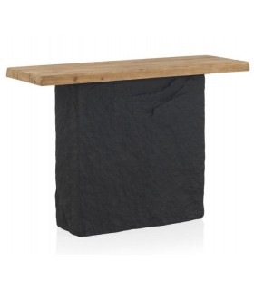 Consola de entrada madera natural pie poli resina imitación roca negra