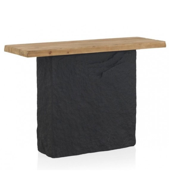 Consola de entrada madera natural pie poli resina imitación roca negra