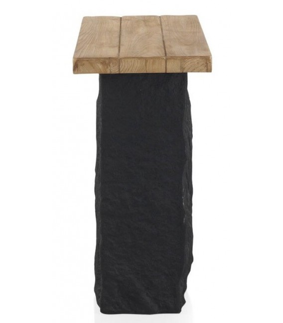 Consola de entrada madera natural pie poli resina imitación roca negra