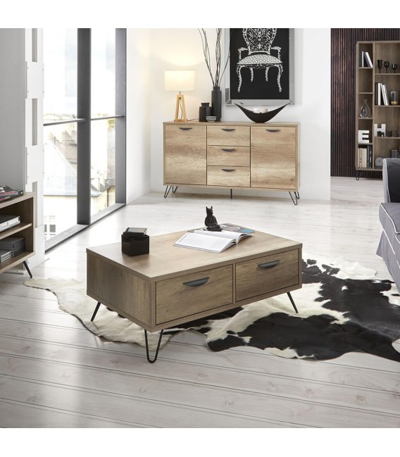 Mesa de centro rectangular con 2 cajones, nogal y metal negro mdmhogar