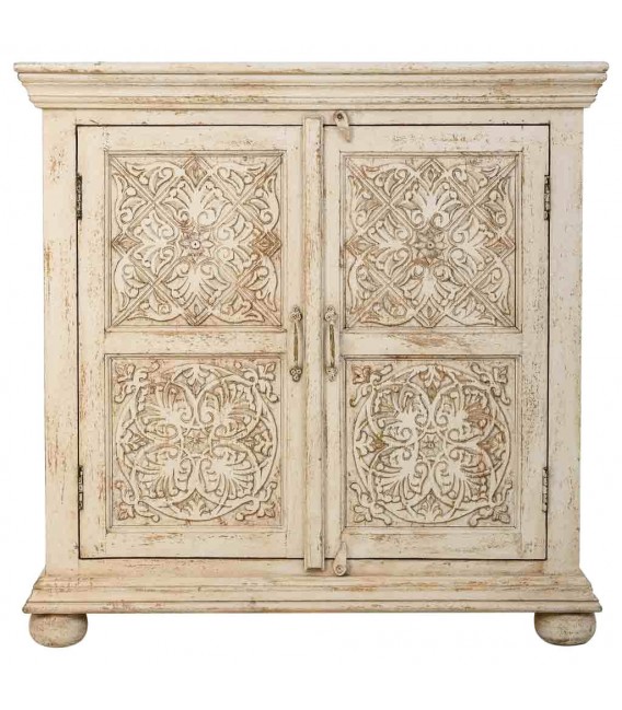 Taquillón madera maciza de mango acabado crema patinado