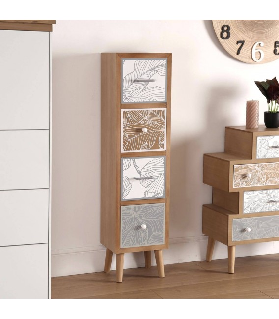 Sinfonier pequeño madera natural, cajones serigrafiados blanco y gris mdmhogar