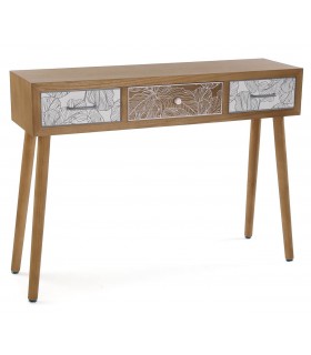 Consola con 3 cajones serigrafiados en madera natural estilo chic.
