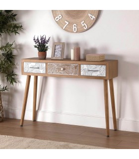 Consola con 3 cajones serigrafiados en madera natural estilo chic.  Mdmhogar