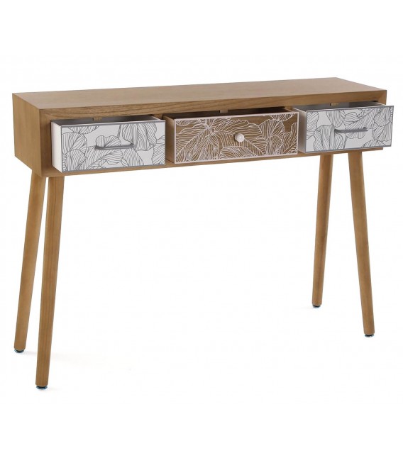 Consola con 3 cajones serigrafiados en madera natural estilo chic. 1