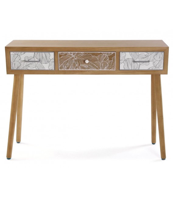 Consola con 3 cajones serigrafiados en madera natural estilo chic. 2
