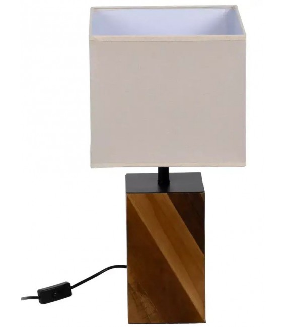 Lámpara de sobremesa base madera reciclada pantalla de lino beige mdmhogar