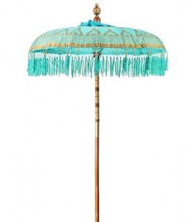 Sombrilla balinesa madera textil adamascado en color turquesa y oro, mdmhogar