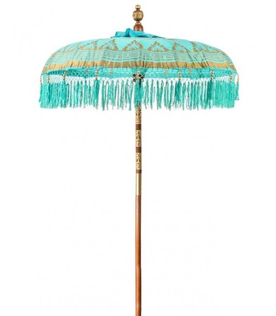 Sombrilla balinesa madera textil adamascado en color turquesa y oro, mdmhogar