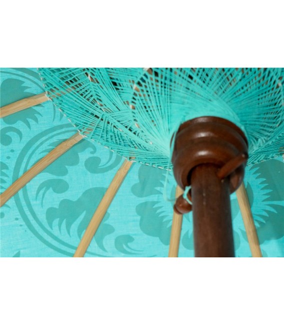 Sombrilla balinesa madera textil adamascado en color turquesa y oro, mdmhogar
