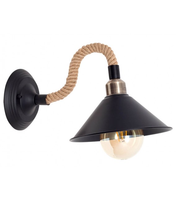 Aplique de pared diseño estilo Rústico Vintage metal negro y cuerda