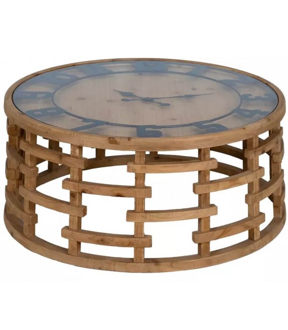 Mesa de centro redonda madera de abeto natural reloj en la tapa. mdmhogar