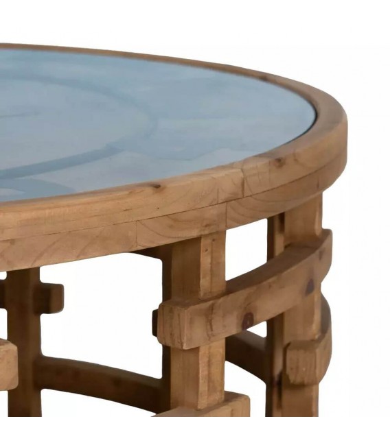 Mesa de centro redonda madera de abeto natural reloj en la tapa. mdmhogar