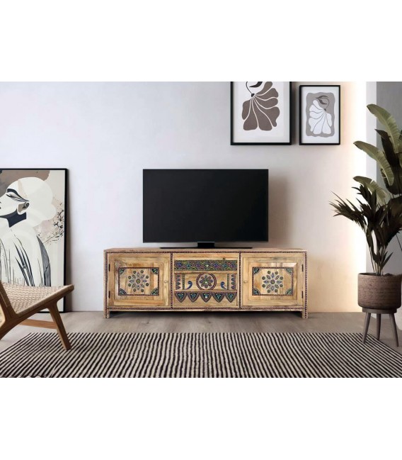 Mueble de TV madera maciza detalles pintados a mano mdmhogar